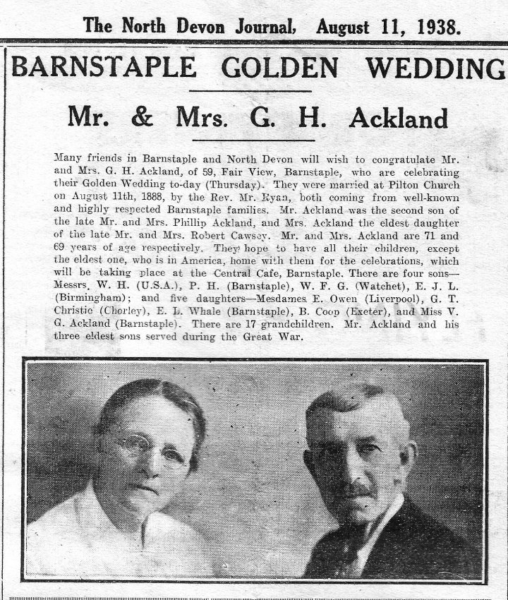 Golden Wedding of Mr & Mrs George H Ackland of Fair View, Pilton, on 11th August 1938
