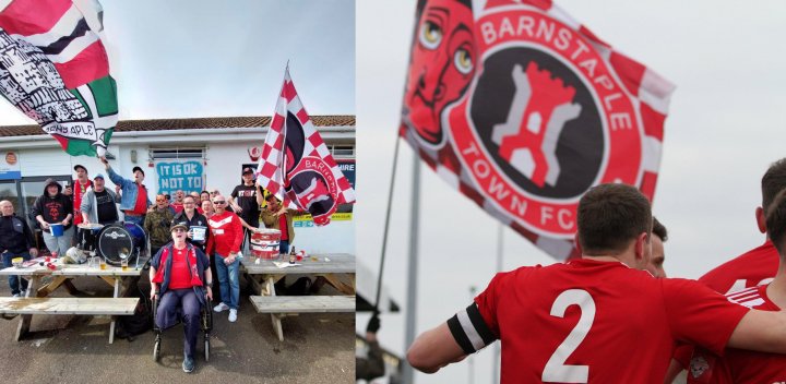 Barnstaple Town Football Club Fans adopt the Pilton Pageant Red Mask in 2023