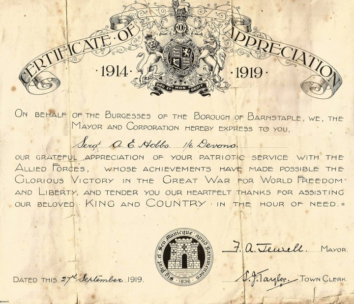Certificate of Appreciation 1914-1919 to Arthur Edward Hobbs for Patriotic Service in the Great War