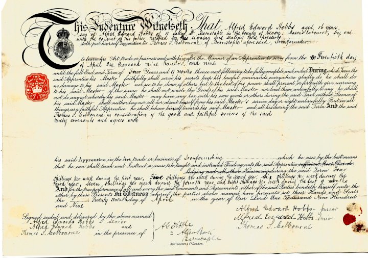Indenture of Alfred Edward Hobbs, age 16 years, to Thomas Colbourne of Barnstaple in April 1909