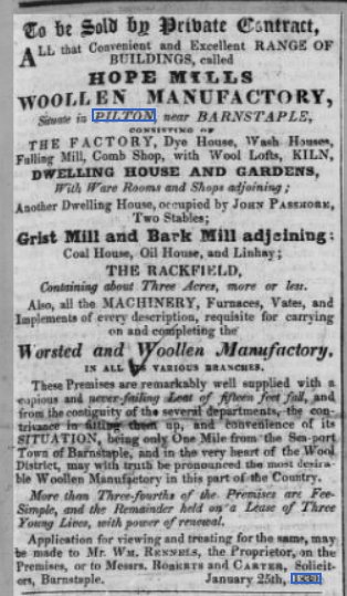 Sale of Hope Mills Woollen Manufactory in Bradiford in February 1830