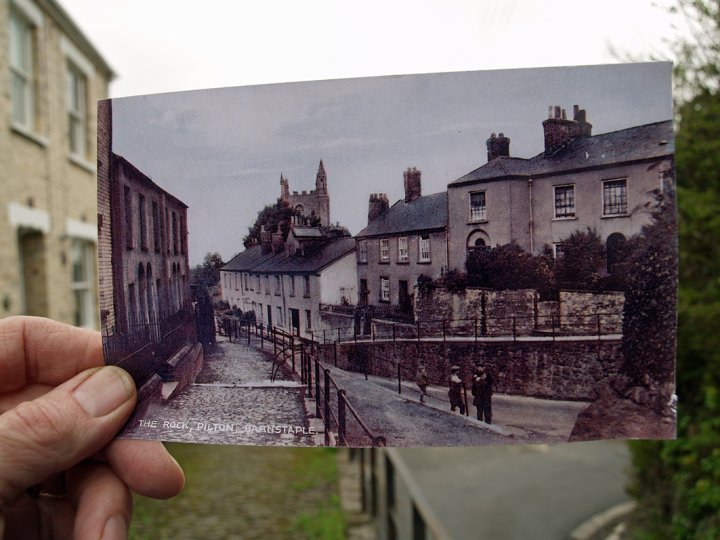 1900 Postcard in front of photograph of The Rock, Pilton