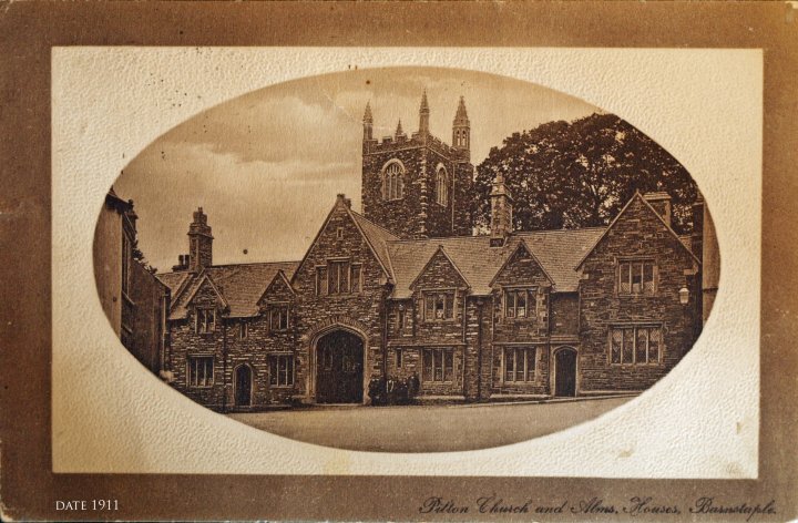 The Feoffee Cottages or Upper Almshouses at the top of Pilton Street in 1911