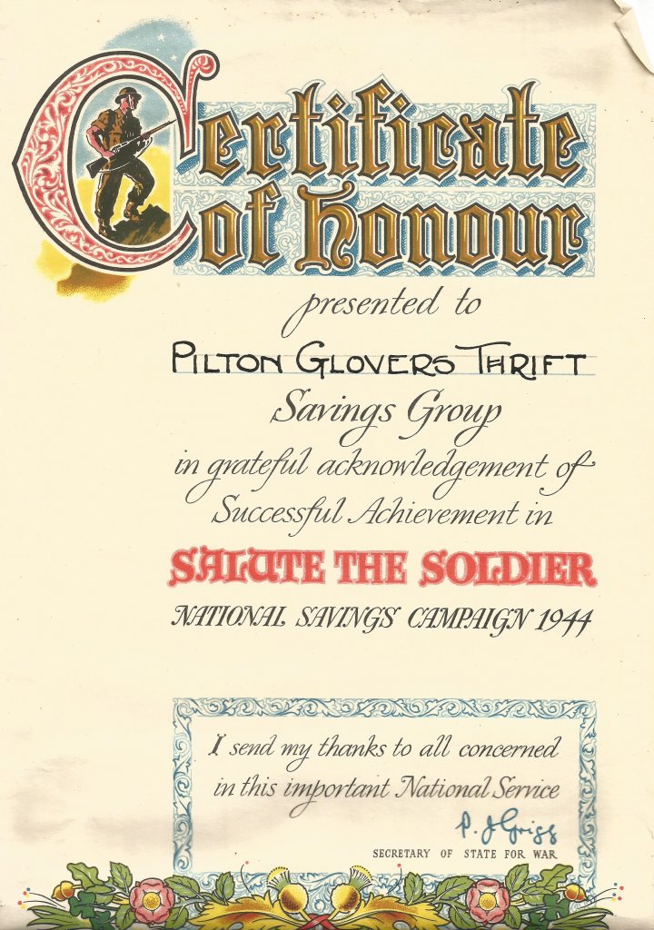 Certificate of Honour awarded to Pilton the Glovers Thrift Savings Group during the World War II National Savings Campaign in 19
