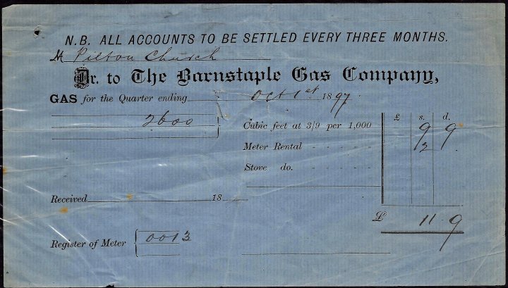 St Mary's Church, Pilton, Gas Bill 1897